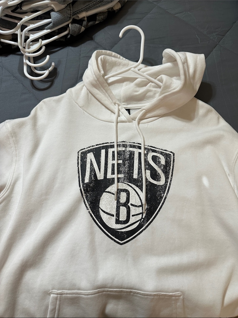 NBA White Crewneck Hoodie with Black Nets Shield Logo